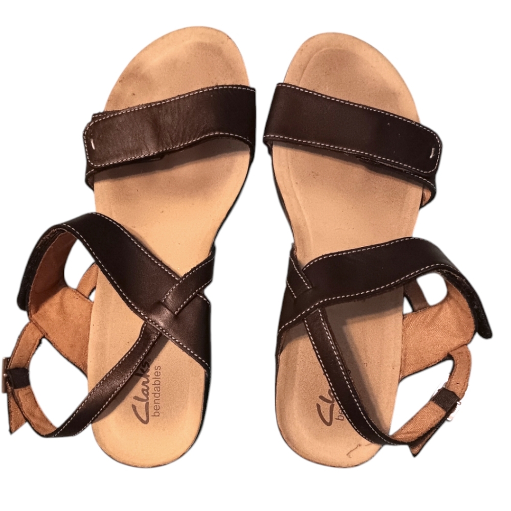 CLARKS Bendables Black Wedge Leather Adjustable Straps Slingback Sandals Size 11